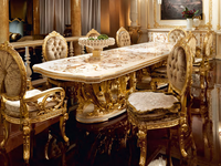Cour française de luxe haut de gamme longue table à manger peinte à la main feuille d'or personnalisé sculpture sur bois massif ensemble de meubles de salle à manger