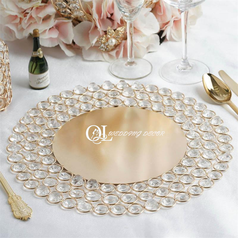 Shiny Polished Wedding Decorative Crystal Beaded Dinner Plates Restaurant Dishes Dinnerware Clear Charger Plates