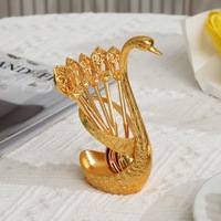 Porte-couverts en forme de cygne doré avec ensemble de fourchettes à dessert - Organisateur de couverts en métal orné pour la décoration de gâteaux aux fruits et de table