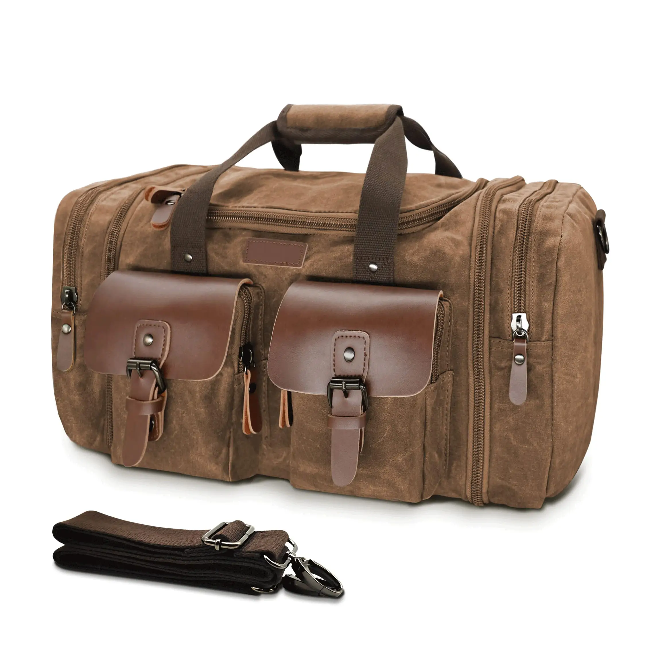 गर्म बिक्री यात्रा डफ़ल बैग विस्तार योग्य कैनवास वास्तविक चमड़े के डफ़ल बैग को रात भर में अपग्रेड किया गया