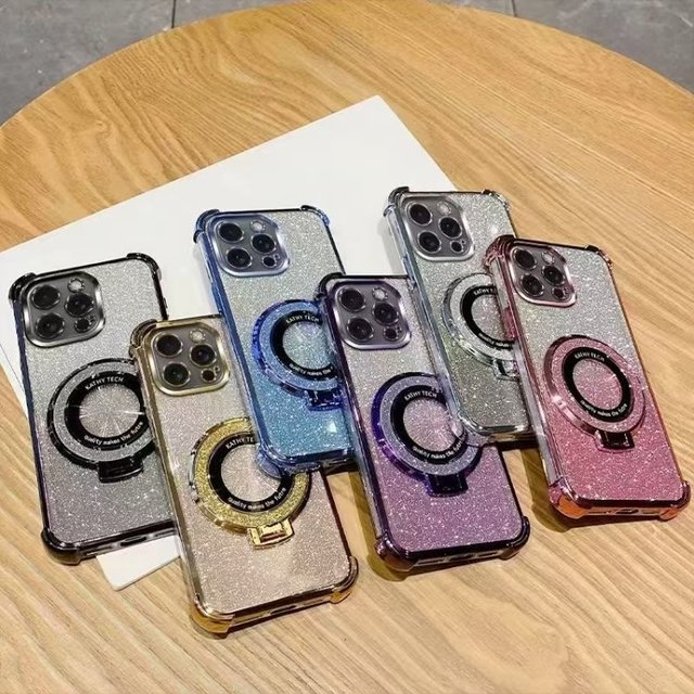 Women Soft TPU Plating Bling Glitter Magnetic Phone Case for iPhone 11 12 13 14 15 16 Pro Max With Holder Stand