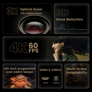 Máy ảnh phát trực tiếp 4Kp60fps Zoom quang 3x + 16 zoom kỹ thuật số 4/3 inch cảm biến 11mp với đầu ra video USB3.0 và HDMI 73 ° FOV - Product Image 2