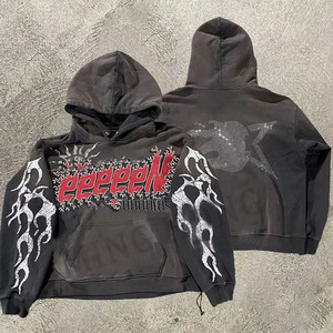 OEM Streetwear French Terry Vintage Print Back Rhinestone Heavyweight Oversized Acid Wash Hoodie para hombres - Product Image 3