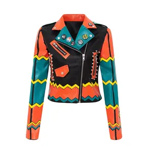 Trend Cool Slim Streetwear Cropped Spiked Color Block Biker Rock Rivets Graffiti Print Punk Women Motorcycle Leather Jacket Coat