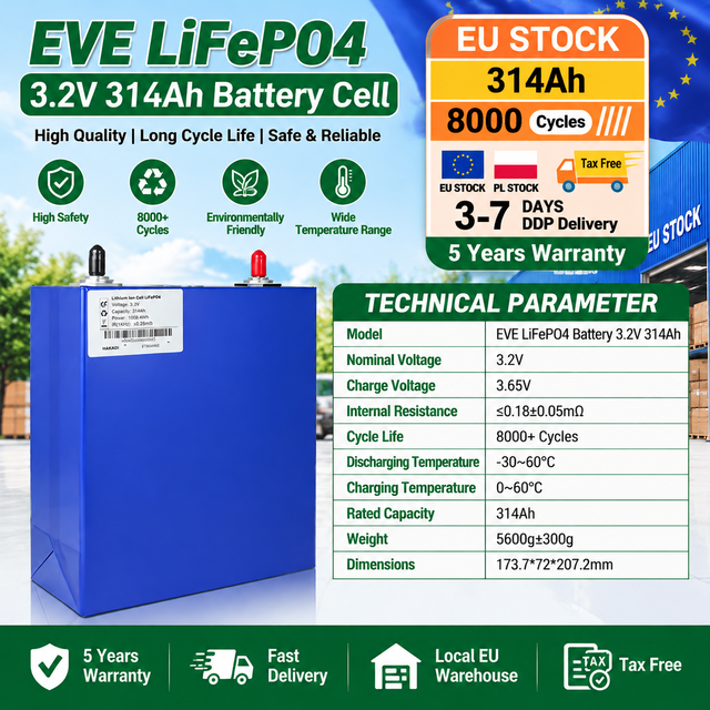 EU Stock & Ukraine Stock MB31 EVE 3.2V 314Ah Lifepo4 Battery With M6 Studs Cell Prismatic 8000 Cycle for Energy Storage System