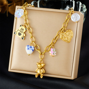 Cartoon Little Bear Gold Plated Pendant Necklace With Heart Chain And Painted Charms For Gift - Product Image 1