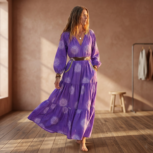 Vestido Maxi Morado con Cuello en V y Estampado Geométrico, Cinturón, Ropa de Playa para Mujer, Transpirable, Viscosa y Algodón, Manga Larga, Estilo Boho, 1 Pieza - Product Image 2