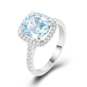 Classic Halo Design Cushion Cut Blue Aquarmarine Sapphire Silver Moissanite Ring Gemstone 4 Prongs Setting For Wedding