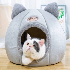 Cama para mascotas con orejas de gato, color gris, semicerrada, con acolchado, para gatos y perros. - Product Image 1