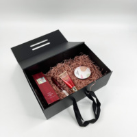 Boîte cadeau magnétique noire de luxe avec logo personnalisé, boîte pliante aimantée avec poignée en ruban pour produits cosmétiques et beauté