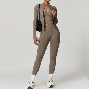 Set di gambali sportivi senza cuciture I-Back per <span class=keywords><strong>donna</strong></span> <span class=keywords><strong>pantaloni</strong></span> da Yoga <span class=keywords><strong>a</strong></span> vita alta <span class=keywords><strong>a</strong></span> costine con giacca <span class=keywords><strong>a</strong></span> Zip per allenamento Fitness sollevamento del culo - Product Image 3