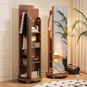 Porte-manteau rotatif en bois massif <span class=keywords><strong>avec</strong></span> miroir pleine longueur, support à vêtements mobile sur pied <span class=keywords><strong>avec</strong></span> étagère de rangement pour entrée - Product Image 2