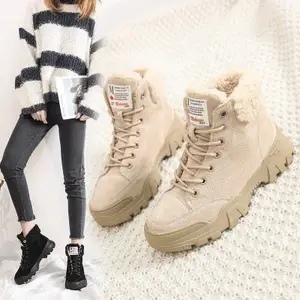 women snow boots beige plush warm fur causal boots shoes sneakers ankle booties platform thick sole lace up winter shoes