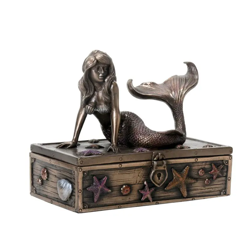 Polyresin Art Nouveau Bronzen Metalen Gekleurde Mermaid Op Schat Borst Snoeperij Doos