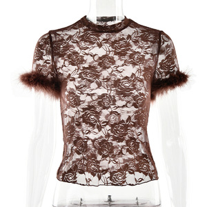 Lan Duan Lace Sheer Round Neck <b>Top</b> Slim Fit Breathable Street Photography Women's Fashion T-Shirt - Product Image 5