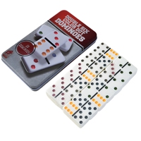 Jeu de dominos premium écologique à six points colorés, avec boîte de rangement robuste en métal, portable, pour soirées de jeu en famille, prend en charge le logo personnalisé et l'OEM