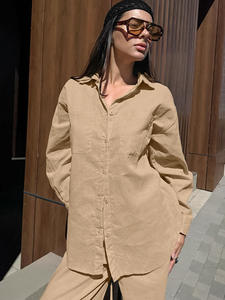 Enyami 100% pamuk yaz sonbahar rahat 2 parça V boyun düğmesi uzun kollu gömlek geniş bacak pantolon eşleşen kıyafetler kadın setleri - Product Image 3