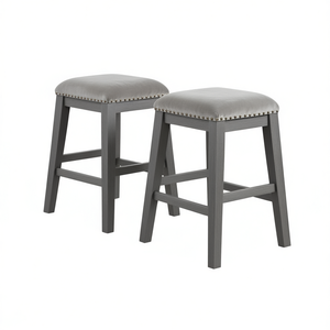 Counter Height Barstools Set Of 2 Gray Chenille <b>Upholstery</b> Nailhead <b>Trim</b> Wood Frame Casual Dining Furniture - Product Image 1