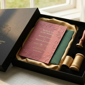 Ensemble d'invitations de mariage personnalisées de luxe, gaufrées, avec estampage à chaud doré, motif floral rose poudré, avec <span class=keywords><strong>enveloppe</strong></span> doublée vert forêt - Product Image 5