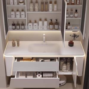 Meuble-lavabo mural moderne et minimaliste en PVC de grande capacité, couleur crème, avec lumières LED et vasques - Product Image 5