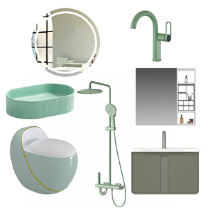 Set Completo di Mobili da Bagno di Lusso con Specchio, Design in Ceramica Verde Chiaro, WC, Lavabo da Appoggio e Rubinetto - Product Image 1