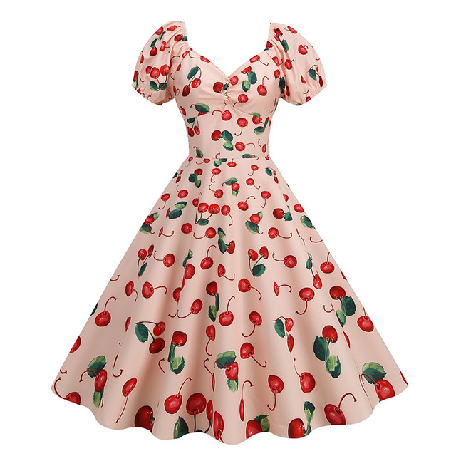 Cherry Print Dress Short Sleeve Summer New French Style Knee Length Dress