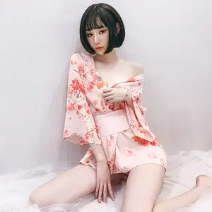 Women Retro cherry printed chiffon Japanese kimono hollow out long sleeves sexy bath robe kimono