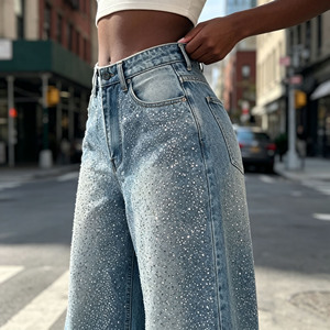 <span class=keywords><strong>Jeans</strong></span> Baggy Personalizzati con Strass, <span class=keywords><strong>Jeans</strong></span> da <span class=keywords><strong>Donna</strong></span> con Strass, Pantaloni a Gamba Larga - Product Image 2
