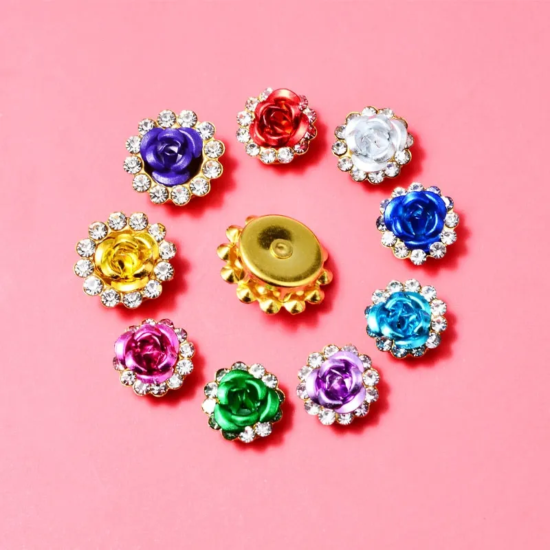 Hot Fix Claw Setting Rhinestone Bulk Gold Base Zircon Aluminium Alloy Rose Flower Beads For Clothing DIY Jewelry Accessories