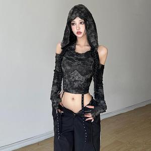 2025 verano <span class=keywords><strong>manga</strong></span> <span class=keywords><strong>larga</strong></span> con capucha camisetas fuera del hombro Sexy Harajuku camisetas mujeres Y2k moda estética Streetwear cinturón Crop Top - Product Image 3