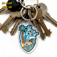 Porte-clés en acrylique Tropical Heart découpé, scène de plage avec palmier, planche de surf et vagues pour les voyageurs, les surfistes, les amateurs d'été