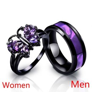 Anillo de Acero Inoxidable, Anillo de Titanio para Parejas, Anillo de Compromiso y Boda, Anillo de Mariposa con Amatista para Mujer, Anillo para Hombre - Product Image 2