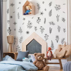 Adesivi murali in bianco e nero con line art di piante e fiori, adesivi murali autoadesivi per decorare il soggiorno e la parete di fondo della casa. - Product Image 2
