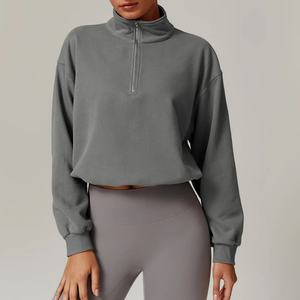 Nouveau sweat-shirt à capuche court pour femme, tissé, à manches longues, col montant, imprimé avec logo frontal, pour le fitness, la course et l'entraînement - Product Image 5