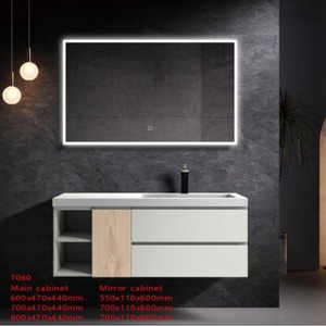 Armoire de toilette murale T060 avec miroir, en alliage d'aluminium blanc, rétroéclairage LED, vasque en céramique monobloc - Product Image 1