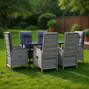 Ensemble de salle à manger de jardin en rotin gris 6 places, résistant aux intempéries, mobilier d'extérieur de style contemporain - Product Image 2