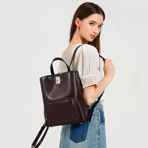 Luxury Women's Genuine Leather Backpack-Stylish <strong>Vintage</strong> Design Zipper Air Cushion Strap 20-35L Capacity High Quality <strong>Laptop</strong> - Product Image 1