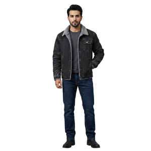 <b>Custom</b> Coated Stand Collar Fleece Pockets Front Logo Hooded Vintage Style <b>Denim</b> <b>Jacket</b> Men - Product Image 1