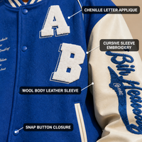 Veste de baseball en laine personnalisée bleu crème avec appliqué en chenille, lettres cursive brodées sur les manches, pour hommes, style hip-hop streetwear