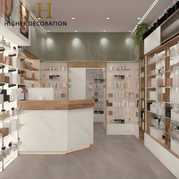 Vitrine de présentation de cosmétiques moderne en bois, meuble de maquillage et de soins de la peau, comptoir d'accueil avec logo personnalisé
