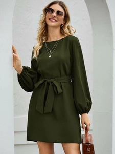 Dropshipping Shopify Midi Dress For <b>Women</b> Slim Fit High Waist <b>Long</b> Sleeve Round Neck Work Dress Elegant Solid Color Dress - Product Image 6