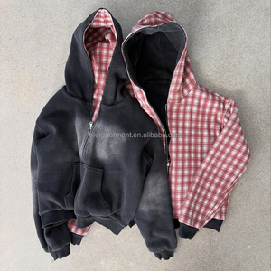 Sweat-shirts personnalisés pour hommes, style décontracté vintage rétro, motif à carreaux bleus, design patchwork, fermeture éclair double face - Product Image 3