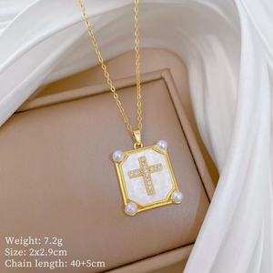 여성용 스테인리스 스틸 체인 구리 다이아몬드 장식 십자가 펜던트 목걸이 - Product Image 6