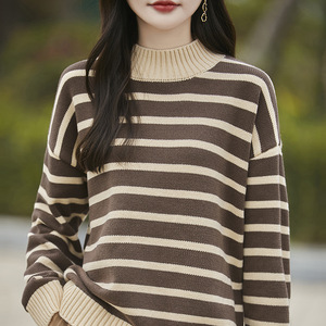 Suéter de punto grueso con cuello simulado y rayas para mujer, manga larga, transpirable, informal - Product Image 1