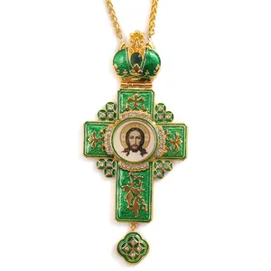 High-End Handgemaakte Emerald-Drop Groene Glazuur Legering Vergulde Orthodoxe Borstvinnen Kruis Voor Bisschop 'S ketting Gift