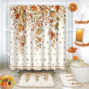 Rideau de douche en polyester à imprimé numérique imperméable, motif feuille d'érable et citrouille de la récolte de Thanksgiving, moderne, vente en gros - Product Image 2