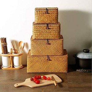 4 Sets Wicker Baskets with Lids Sea grass Storage Baskets Woven Rectangular Basket for Living Room use