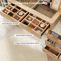 Grand miroir éclairé de bureau de maquillage de vanité moderne et coiffeuse de lumières avec 5 tiroirs et étagères, dessus en verre pour chambre à coucher, chêne