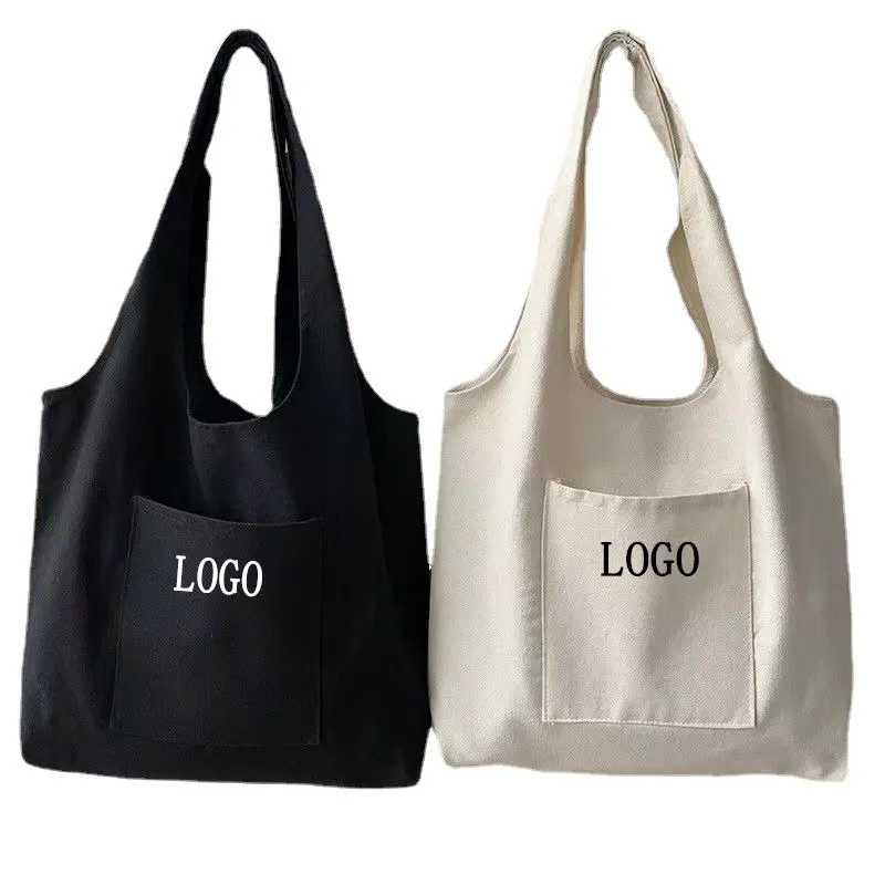 शीर्ष गुणवत्ता वाले कस्टम लोगो प्रिंट सादे पुनः प्रयोज्य बड़े बाहरी पाउच कपास कैनवास कंधे की खरीदारी टोटे बैग