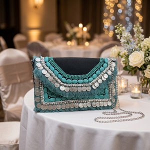 Sac à main en perles turquoise fait main FAIZA CRAFT avec chaîne à franges en pièces d'argent, léger, pour mariage, soirée ou événement - Product Image 1